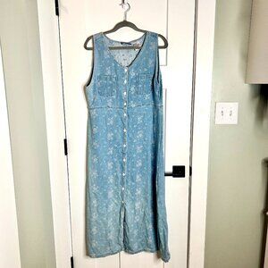 Vtg Erika & Co Denim Chambray Embroidered Floral Button Front Midi Jumper Dress